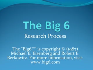 Research Process
The “Big6™” is copyright © (1987)
Michael B. Eisenberg and Robert E.
Berkowitz. For more information, visit:
www.big6.com
 