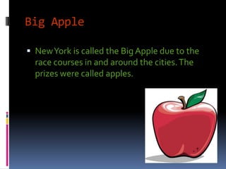 Big Apple

 New York is called the Big Apple due to the
  race courses in and around the cities. The
  prizes were called apples.
 