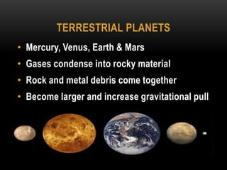 Terrestrial planetsMercury, Venus, Earth & MarsGases condense into rocky materialRock and metal debris come togetherBecome larger and increase gravitational pull