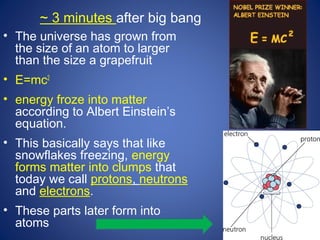 ~ 3 minutes after big bang
• The universe has grown from
the size of an atom to larger
than the size a grapefruit
• E=mc2
• energy froze into matter
according to Albert Einstein’s
equation.
• This basically says that like
snowflakes freezing, energy
forms matter into clumps that
today we call protons, neutrons
and electrons.
• These parts later form into
atoms
 