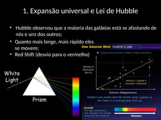 1. Expansão universal e Lei de Hubble
• Hubble observou que a maioria das galáxias está se afastando de
nós e uns dos outros;
• Quanto mais longe, mais rápido eles
se movem;
• Red Shift (desvio para o vermelho)
 