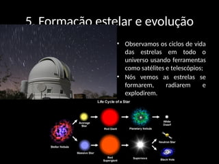 5. Formação estelar e evolução
• Observamos os ciclos de vida
das estrelas em todo o
universo usando ferramentas
como satélites e telescópios;
• Nós vemos as estrelas se
formarem, radiarem e
explodirem.
 