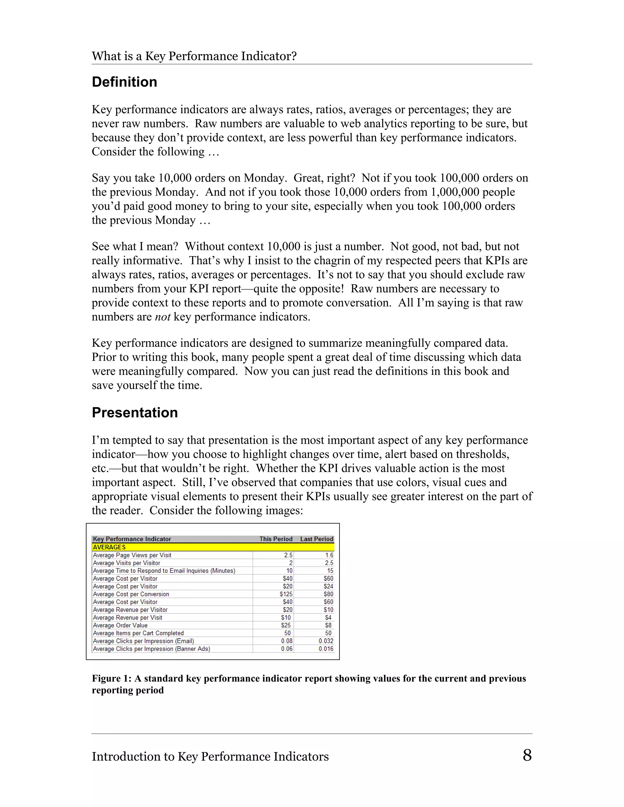 What is a Key Performance Indicator?

Definition
Key performance indicators are always rates, ratios, averages or percentages; they are
never raw numbers. Raw numbers are valuable to web analytics reporting to be sure, but
because they don’t provide context, are less powerful than key performance indicators.
Consider the following …

Say you take 10,000 orders on Monday. Great, right? Not if you took 100,000 orders on
the previous Monday. And not if you took those 10,000 orders from 1,000,000 people
you’d paid good money to bring to your site, especially when you took 100,000 orders
the previous Monday …

See what I mean? Without context 10,000 is just a number. Not good, not bad, but not
really informative. That’s why I insist to the chagrin of my respected peers that KPIs are
always rates, ratios, averages or percentages. It’s not to say that you should exclude raw
numbers from your KPI report—quite the opposite! Raw numbers are necessary to
provide context to these reports and to promote conversation. All I’m saying is that raw
numbers are not key performance indicators.

Key performance indicators are designed to summarize meaningfully compared data.
Prior to writing this book, many people spent a great deal of time discussing which data
were meaningfully compared. Now you can just read the definitions in this book and
save yourself the time.

Presentation
I’m tempted to say that presentation is the most important aspect of any key performance
indicator—how you choose to highlight changes over time, alert based on thresholds,
etc.—but that wouldn’t be right. Whether the KPI drives valuable action is the most
important aspect. Still, I’ve observed that companies that use colors, visual cues and
appropriate visual elements to present their KPIs usually see greater interest on the part of
the reader. Consider the following images:




Figure 1: A standard key performance indicator report showing values for the current and previous
reporting period




Introduction to Key Performance Indicators                                                      8
 