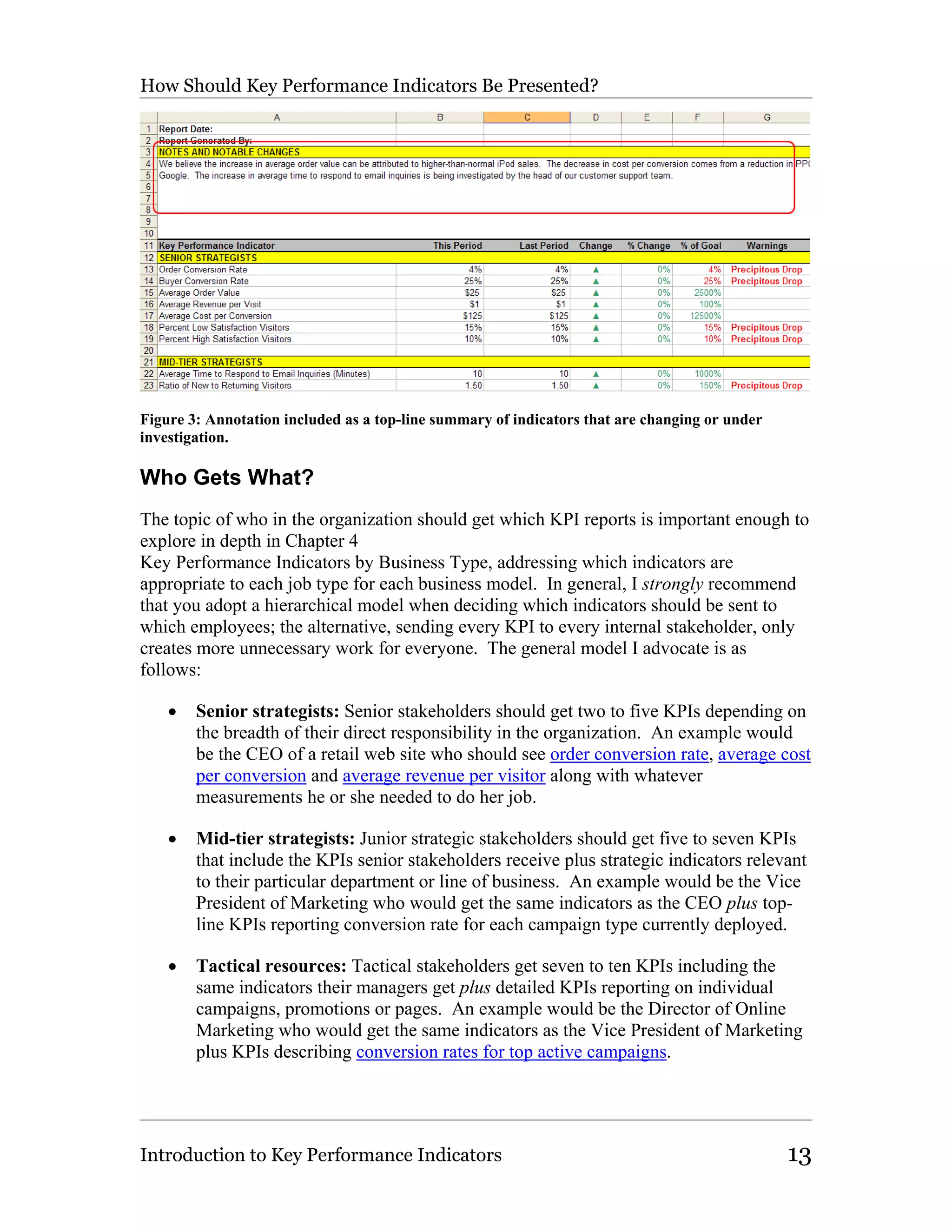 How Should Key Performance Indicators Be Presented?




Figure 3: Annotation included as a top-line summary of indicators that are changing or under
investigation.

Who Gets What?
The topic of who in the organization should get which KPI reports is important enough to
explore in depth in Chapter 4
Key Performance Indicators by Business Type, addressing which indicators are
appropriate to each job type for each business model. In general, I strongly recommend
that you adopt a hierarchical model when deciding which indicators should be sent to
which employees; the alternative, sending every KPI to every internal stakeholder, only
creates more unnecessary work for everyone. The general model I advocate is as
follows:

    •   Senior strategists: Senior stakeholders should get two to five KPIs depending on
        the breadth of their direct responsibility in the organization. An example would
        be the CEO of a retail web site who should see order conversion rate, average cost
        per conversion and average revenue per visitor along with whatever
        measurements he or she needed to do her job.

    •   Mid-tier strategists: Junior strategic stakeholders should get five to seven KPIs
        that include the KPIs senior stakeholders receive plus strategic indicators relevant
        to their particular department or line of business. An example would be the Vice
        President of Marketing who would get the same indicators as the CEO plus top-
        line KPIs reporting conversion rate for each campaign type currently deployed.

    •   Tactical resources: Tactical stakeholders get seven to ten KPIs including the
        same indicators their managers get plus detailed KPIs reporting on individual
        campaigns, promotions or pages. An example would be the Director of Online
        Marketing who would get the same indicators as the Vice President of Marketing
        plus KPIs describing conversion rates for top active campaigns.




Introduction to Key Performance Indicators                                                     13
 