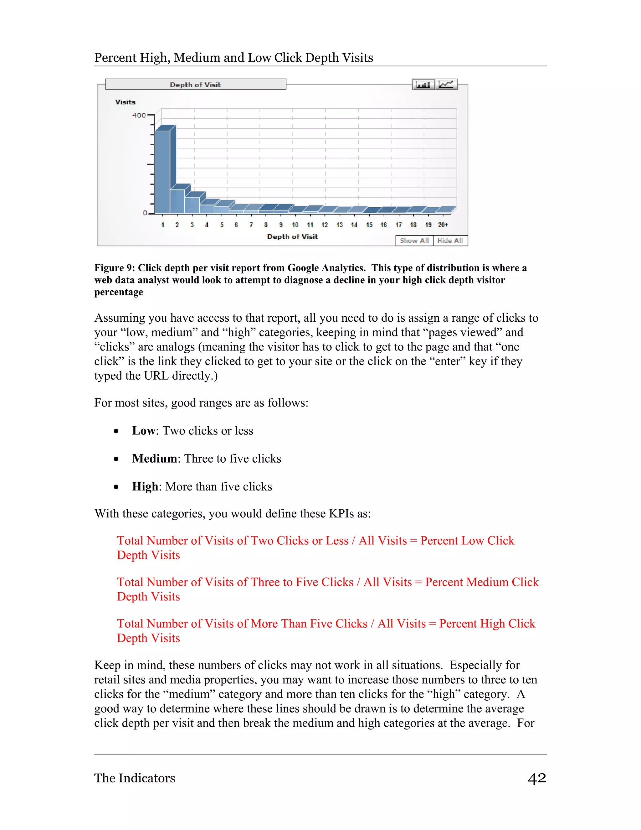Percent High, Medium and Low Click Depth Visits




Figure 9: Click depth per visit report from Google Analytics. This type of distribution is where a
web data analyst would look to attempt to diagnose a decline in your high click depth visitor
percentage

Assuming you have access to that report, all you need to do is assign a range of clicks to
your “low, medium” and “high” categories, keeping in mind that “pages viewed” and
“clicks” are analogs (meaning the visitor has to click to get to the page and that “one
click” is the link they clicked to get to your site or the click on the “enter” key if they
typed the URL directly.)

For most sites, good ranges are as follows:

    •   Low: Two clicks or less

    •   Medium: Three to five clicks

    •   High: More than five clicks

With these categories, you would define these KPIs as:

     Total Number of Visits of Two Clicks or Less / All Visits = Percent Low Click
     Depth Visits

     Total Number of Visits of Three to Five Clicks / All Visits = Percent Medium Click
     Depth Visits

     Total Number of Visits of More Than Five Clicks / All Visits = Percent High Click
     Depth Visits

Keep in mind, these numbers of clicks may not work in all situations. Especially for
retail sites and media properties, you may want to increase those numbers to three to ten
clicks for the “medium” category and more than ten clicks for the “high” category. A
good way to determine where these lines should be drawn is to determine the average
click depth per visit and then break the medium and high categories at the average. For



The Indicators                                                                                       42
 