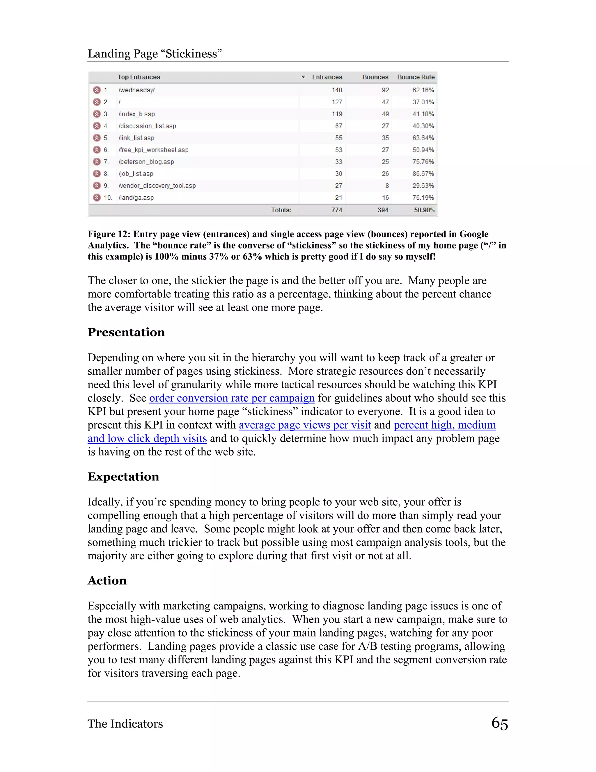 Landing Page “Stickiness”




Figure 12: Entry page view (entrances) and single access page view (bounces) reported in Google
Analytics. The “bounce rate” is the converse of “stickiness” so the stickiness of my home page (“/” in
this example) is 100% minus 37% or 63% which is pretty good if I do say so myself!

The closer to one, the stickier the page is and the better off you are. Many people are
more comfortable treating this ratio as a percentage, thinking about the percent chance
the average visitor will see at least one more page.

Presentation

Depending on where you sit in the hierarchy you will want to keep track of a greater or
smaller number of pages using stickiness. More strategic resources don’t necessarily
need this level of granularity while more tactical resources should be watching this KPI
closely. See order conversion rate per campaign for guidelines about who should see this
KPI but present your home page “stickiness” indicator to everyone. It is a good idea to
present this KPI in context with average page views per visit and percent high, medium
and low click depth visits and to quickly determine how much impact any problem page
is having on the rest of the web site.

Expectation

Ideally, if you’re spending money to bring people to your web site, your offer is
compelling enough that a high percentage of visitors will do more than simply read your
landing page and leave. Some people might look at your offer and then come back later,
something much trickier to track but possible using most campaign analysis tools, but the
majority are either going to explore during that first visit or not at all.

Action

Especially with marketing campaigns, working to diagnose landing page issues is one of
the most high-value uses of web analytics. When you start a new campaign, make sure to
pay close attention to the stickiness of your main landing pages, watching for any poor
performers. Landing pages provide a classic use case for A/B testing programs, allowing
you to test many different landing pages against this KPI and the segment conversion rate
for visitors traversing each page.



The Indicators                                                                                    65
 