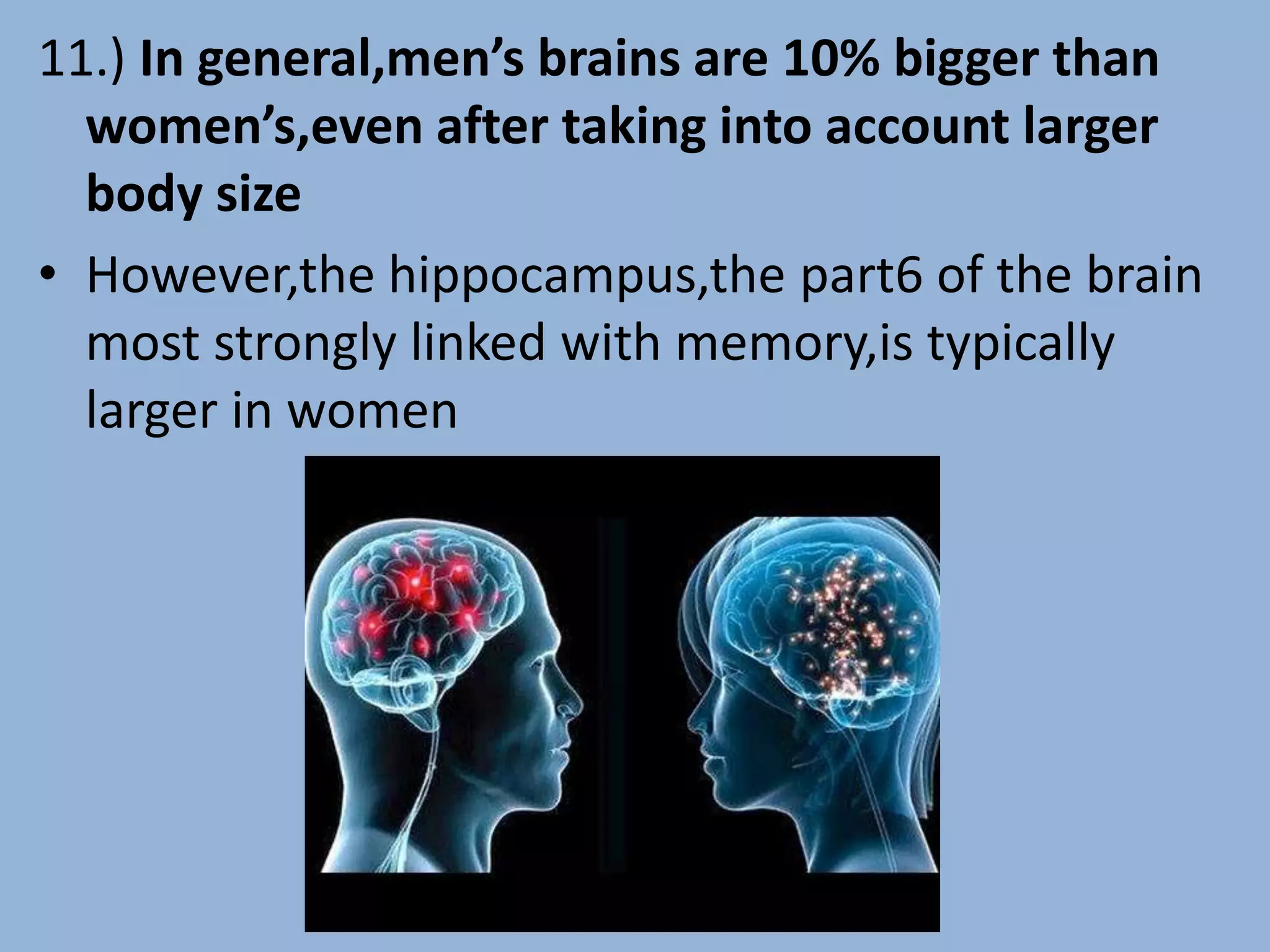 11.) In general,men’s brains are 10% bigger than
women’s,even after taking into account larger
body size
• However,the hippocampus,the part6 of the brain
most strongly linked with memory,is typically
larger in women
 