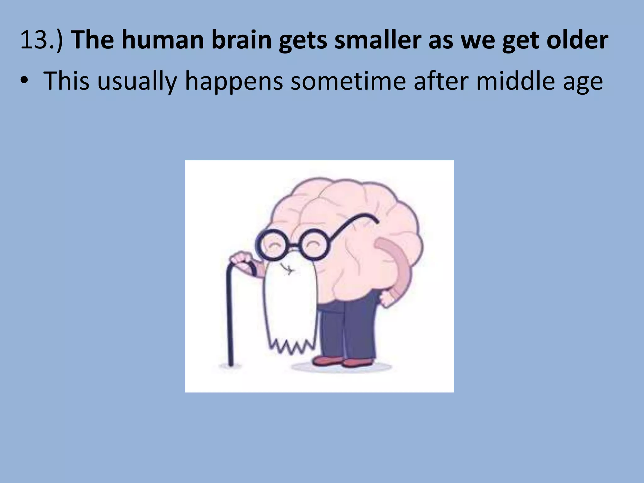 13.) The human brain gets smaller as we get older
• This usually happens sometime after middle age
 