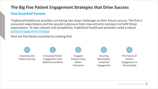 © Health Catalyst. Confidential and Proprietary.
The Big Five Patient Engagement Strategies that Drive Success
Traditional healthcare providers are facing two major challenges to their future success. The first is
consumer expectations and the second is pressure from new entrants coming in to fulfill those
expectations. To stay relevant and competitive, traditional healthcare providers need a robust
patient engagement strategy.
Here are five factors essential to creating that.
Five Essential Factors
1 2 3
Improving the
Patient Journey
Increasing Patient
Engagement with
Added Accessibility
Engaged
Patients Have
Better
Outcomes
4
Ensuring
Meaningful,
Sustained
Engagement
5
The Future of
Patient
Engagement Is
Personalized
 