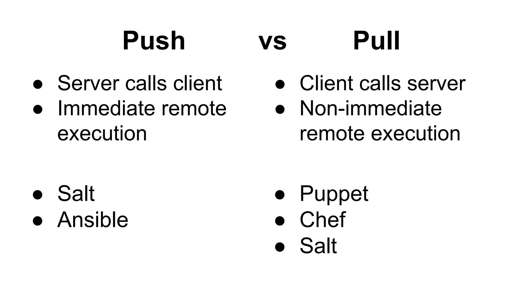 Push vs Pull
● Server calls client
● Immediate remote
execution
● Salt
● Ansible
● Client calls server
● Non-immediate
remote execution
● Puppet
● Chef
● Salt
 