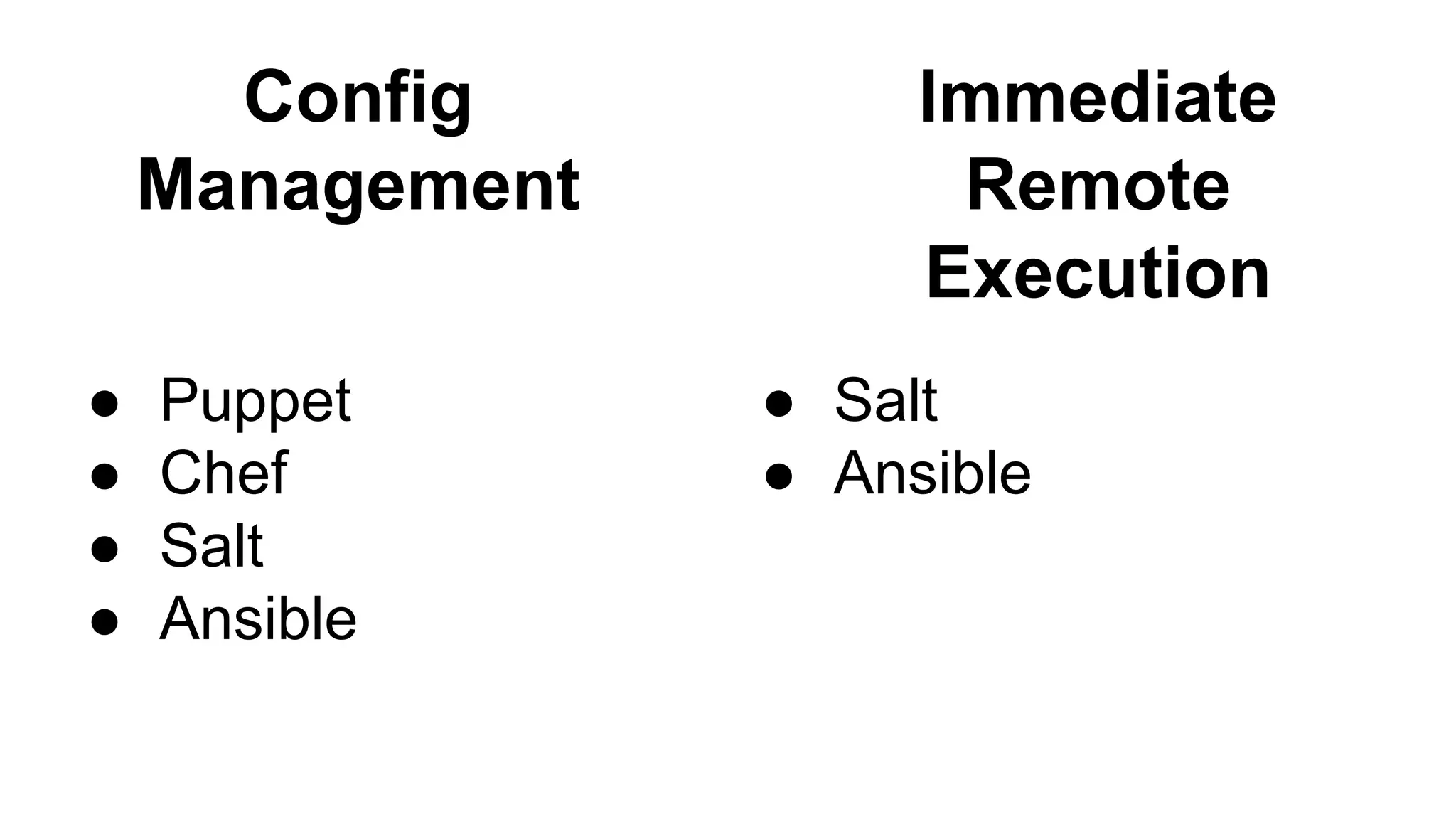 ● Puppet
● Chef
● Salt
● Ansible
● Salt
● Ansible
Immediate
Remote
Execution
Config
Management
 