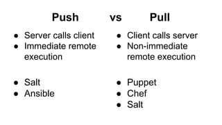 Push vs Pull
● Server calls client
● Immediate remote
execution
● Salt
● Ansible
● Client calls server
● Non-immediate
remote execution
● Puppet
● Chef
● Salt
 