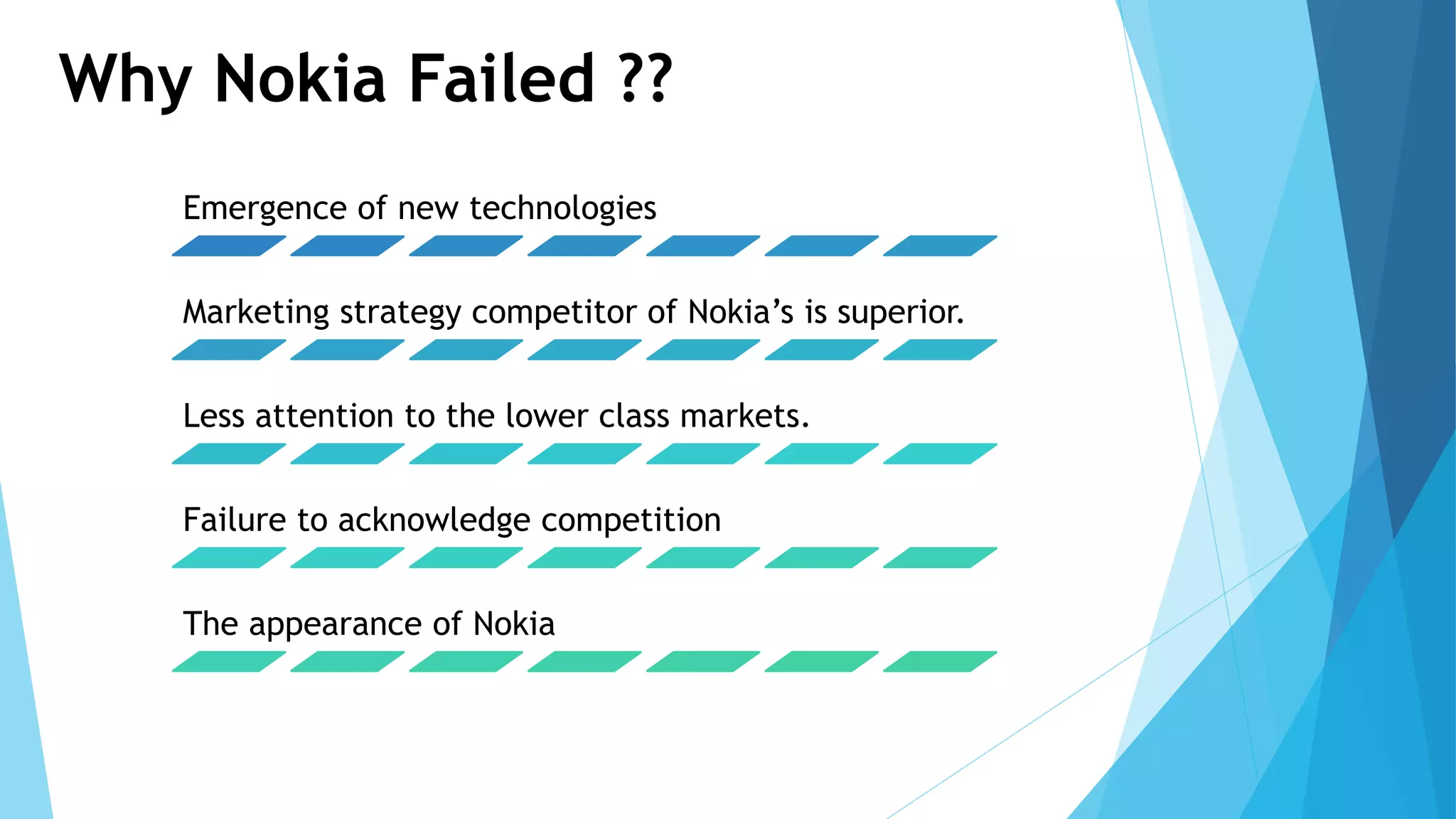 Why Nokia Failed ??
Emergence of new technologies
Marketing strategy competitor of Nokia’s is superior.
Less attention to the lower class markets.
Failure to acknowledge competition
The appearance of Nokia
 