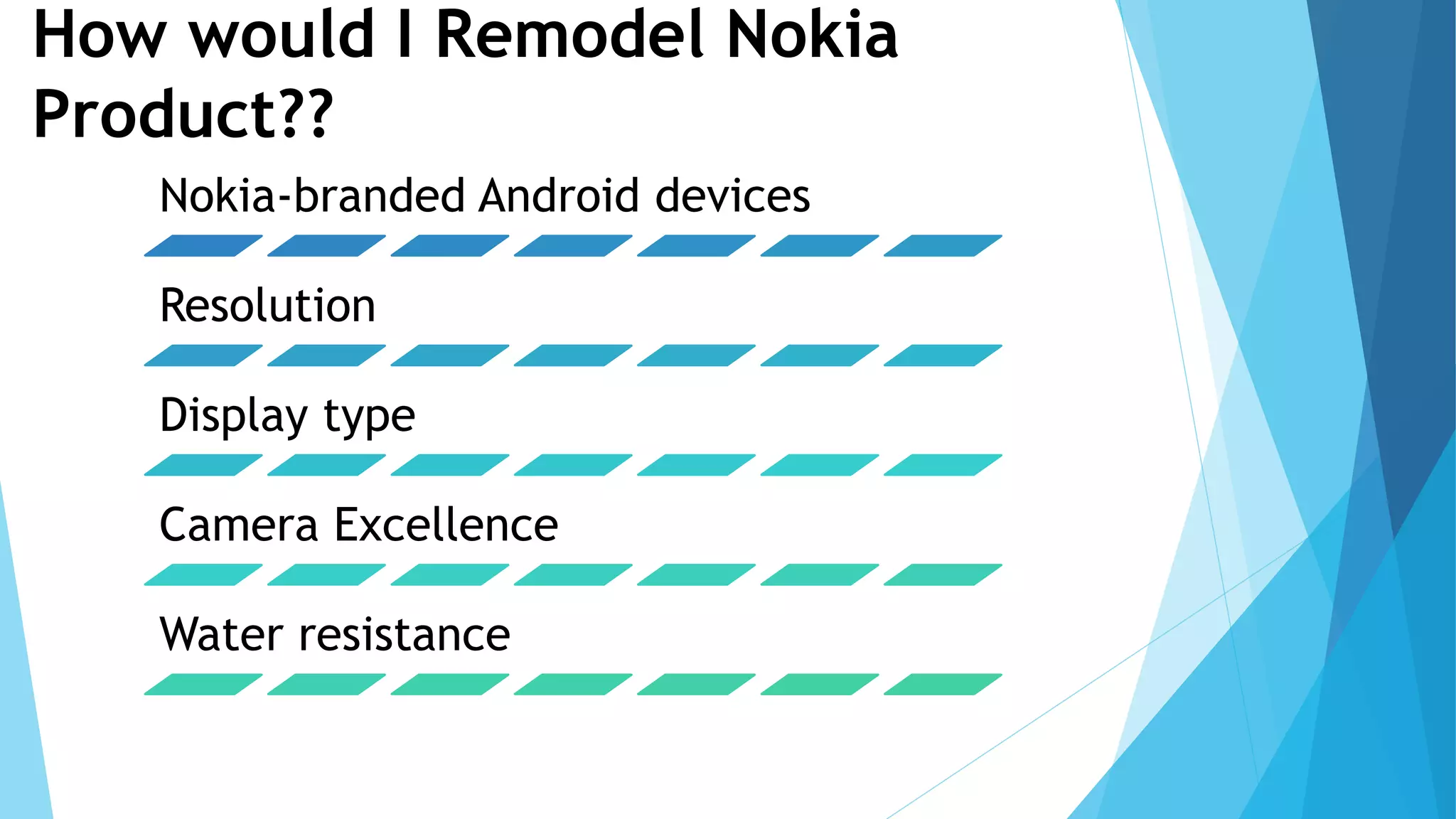 How would I Remodel Nokia
Product??
Nokia-branded Android devices
Resolution
Display type
Camera Excellence
Water resistance
 