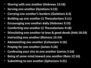 •   Sharing with one another (Hebrews 13:16)
•   Serving one another (Galatians 5:13)
•   Carrying one another’s burdens (Galatians 6:2)
•   Building up one another (1 Thessalonians 5:11)
•   Encouraging one another daily (Hebrews 3:13)
•   Comforting one another (1 Thessalonians 4:18)
•   Stimulating one another to love & good deeds (Heb 10:24)
•   Instructing one another (Romans 15:14)
•   Admonishing one another (Colossians 3:16)
•   Praying for one another (James 5:16)
•   Confessing your sins to one another (James 5:16)
•   Being of same mind toward one another (Rom 12:16)
•   Submitting to one another (Ephesians 5:21)
 