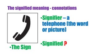 The signified meaning - connotations
•Signifier – a
telephone (the word
or picture)
•Signified ?
•The Sign
 