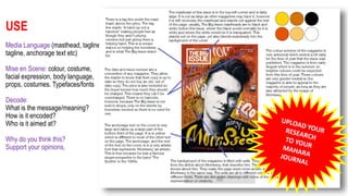 USE
Media Language (masthead, tagline,
tagline, anchorage text etc)
Mise en Scene: colour, costume,
facial expression, body language,
props, costumes. Typefaces/fonts
Decode:
What is the message/meaning?
How is it encoded?
Who is it aimed at?
Why do you think this?
Support your opinions,
 