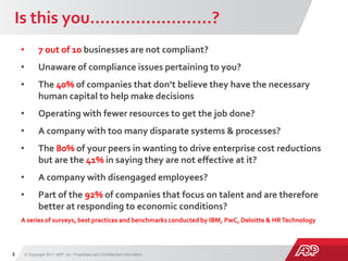 Is this you……………………?
© Copyright 2011 ADP, Inc. Proprietary and Confidential Information.3
Risk
• 7 out of 10 businesses are not compliant?
• Unaware of compliance issues pertaining to you?
• The 40% of companies that don’t believe they have the necessary
human capital to help make decisions
• Operating with fewer resources to get the job done?
• A company with too many disparate systems & processes?
• The 80% of your peers in wanting to drive enterprise cost reductions
but are the 41% in saying they are not effective at it?
• A company with disengaged employees?
• Part of the 92% of companies that focus on talent and are therefore
better at responding to economic conditions?
A series of surveys, best practices and benchmarks conducted by IBM, PwC, Deloitte & HRTechnology
 