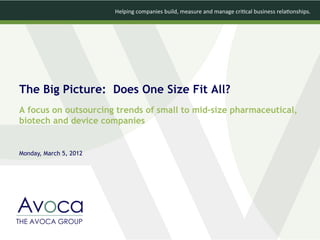 The Big Picture: Does One Size Fit All?
A focus on outsourcing trends of small to mid-size pharmaceutical,
biotech and device companies
Monday, March 5, 2012
 