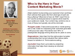 Carlos
Abler
Carlos Abler
@Carlos_Abler
Leader: Content Marketing
Strategy
3M
#CMWorld Presentation:
Getting Employees Involved in
Your Content Marketing Practice
Favorite Movie:
Ran
Who is the Hero in Your
Content Marketing Movie?
Attain stardom by becoming your customer’s hero and help
them achieve their goals. But from what type of peril are
they suffering? What kind of hero do THEY need YOU to
be? Use the archetypes below to explore which best fits
your audience’s needs. Your content may combine one or
more of these, but typically one will be dominant.
Thought Leader: Transcend buzzwords or meme-jacking
with a new model for interpreting their world that generates
continuous new value. Provide the next “4Ps” or
paradigmatic language driving discourse for years to come.
Diagnostician: Help them find the right solution by better
understanding their current situation then deliver paths
forward to transform it. Think solutions selling.
Journalist: Keep them up-to-date by presenting
information that helps them develop an informed
perspective.
 