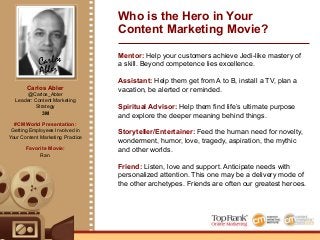 Mentor: Help your customers achieve Jedi-like mastery of
a skill. Beyond competence lies excellence.
Assistant: Help them get from A to B, install a TV, plan a
vacation, be alerted or reminded.
Spiritual Advisor: Help them find life’s ultimate purpose
and explore the deeper meaning behind things.
Storyteller/Entertainer: Feed the human need for novelty,
wonderment, humor, love, tragedy, aspiration, the mythic
and other worlds.
Friend: Listen, love and support. Anticipate needs with
personalized attention. This one may be a delivery mode of
the other archetypes. Friends are often our greatest heroes.
Who is the Hero in Your
Content Marketing Movie?
Carlos
Abler
Carlos Abler
@Carlos_Abler
Leader: Content Marketing
Strategy
3M
#CMWorld Presentation:
Getting Employees Involved in
Your Content Marketing Practice
Favorite Movie:
Ran
 