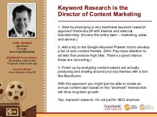 John Jantsch
John Jantsch
@ducttape
Founder
Duct Tape Marketing
#CMWorld Presentation:
Developing a New Sales
Playbook in the Social Age
Favorite Movie:
Ferris Bueller’s Day Off
1. Start by employing a very traditional keyword research
approach that kicks off with internal and external
brainstorming. (Involve the entire team – marketing, sales
and service.)
2. Add a trip to the Google Keyword Planner tool to develop
a list of core content themes. (Hint: Pay close attention to
ad sets that produce high bids. There’s a good chance
these are converting.)
3. Finish up by analyzing content people are actually
producing and sharing around your key themes with a tool
like BuzzSumo.
With this approach you might just be able to create an
annual content plan based on the “landmark” themes that
will drive long-term growth.
Yep, keyword research, it’s not just for SEO anymore.
Keyword Research is the
Director of Content Marketing
 