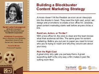 Sarah
Compagnoni
Sarah Leitz-Compagnoni
@SarahCompagnoni
Strategic Marketing Manager
TechSmith Corporation
#CMWorld Presentation:
How to Structure Your Marketing
Department Around Paid,
Earned and Owned Media
Favorite Movie:
Pride and Prejudice
Building a Blockbuster
Content Marketing Strategy
A movie doesn’t hit the theaters as soon as an idea pops
into the director’s head. They need the right cast, script, set
design and promotions to create a box office hit. Likewise,
great content marketing starts well before anyone clicks a
link.
RomCom, Action, or Thriller?
With a box office hit, the story is clear and the team knows
what their audience will like. The same goes for content
marketing. Before you put pen to paper you need to know
who you’re trying to reach and why they would care about
your story.
Pick the Right Cast
A great story only gets you partway there. A great
supporting staff is the only way a film makes it past the
cutting room floor.
 