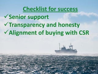 Checklist for success
Senior support
Transparency and honesty
Alignment of buying with CSR
 