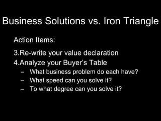 Business Solutions vs. Iron Triangle <ul><li>Action Items:  </li></ul><ul><li>Re-write your value declaration </li></ul><u...
