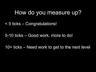 How do you measure up? <ul><li>< 5 ticks – Congratulations! </li></ul><ul><li>5-10 ticks – Good work, more to do! </li></u...