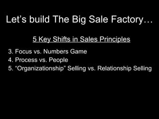 Let’s build The Big Sale Factory… <ul><li>5 Key Shifts in Sales Principles </li></ul><ul><li>Focus vs. Numbers Game </li><...