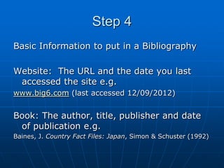 Step 4
Basic Information to put in a Bibliography

Website: The URL and the date you last
 accessed the site e.g.
www.big6.com (last accessed 12/09/2012)


Book: The author, title, publisher and date
 of publication e.g.
Baines, J. Country Fact Files: Japan, Simon & Schuster (1992)
 