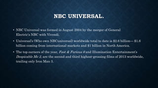 NBC UNIVERSAL. 
• NBC Universal was formed in August 2004 by the merger of General 
Electric's NBC with Vivendi. 
• Universal’s (Who own NBCuniversal) worldwide total to date is $2.6 billion— $1.6 
billion coming from international markets and $1 billion in North America. 
• The top earners of the year, Fast & Furious 6 and Illumination Entertainment’s 
Despicable Me 2, are the second and third highest-grossing films of 2013 worldwide, 
trailing only Iron Man 3. 

