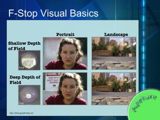 F - Stop Visual Basics http://photographertips.net Portrait Landscape Shallow Depth of Field Deep Depth of Field 