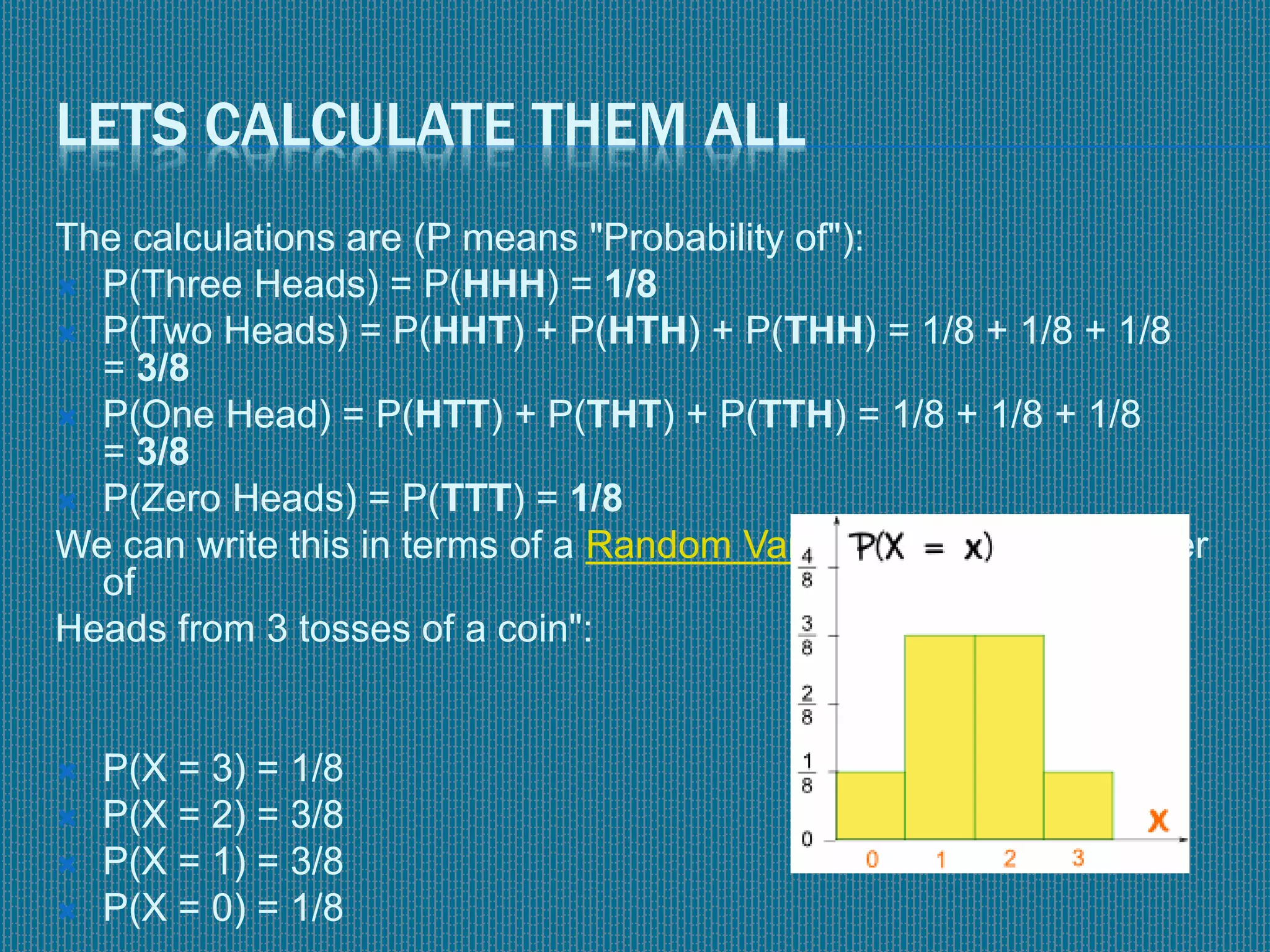 LETS CALCULATE THEM ALL
The calculations are (P means "Probability of"):
 P(Three Heads) = P(HHH) = 1/8
 P(Two Heads) = P(HHT) + P(HTH) + P(THH) = 1/8 + 1/8 + 1/8
= 3/8
 P(One Head) = P(HTT) + P(THT) + P(TTH) = 1/8 + 1/8 + 1/8
= 3/8
 P(Zero Heads) = P(TTT) = 1/8
We can write this in terms of a Random Variable, X, = "The number
of
Heads from 3 tosses of a coin":
 P(X = 3) = 1/8
 P(X = 2) = 3/8
 P(X = 1) = 3/8
 P(X = 0) = 1/8
 