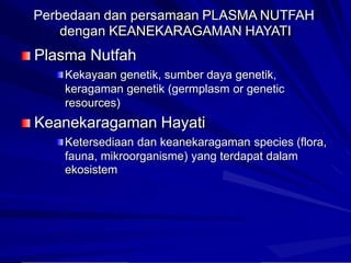 Perbedaan dan persamaan PLASMA NUTFAH
dengan KEANEKARAGAMAN HAYATI
Plasma Nutfah
Kekayaan genetik, sumber daya genetik,
keragaman genetik (germplasm or genetic
resources)
Keanekaragaman Hayati
Ketersediaan dan keanekaragaman species (flora,
fauna, mikroorganisme) yang terdapat dalam
ekosistem
 