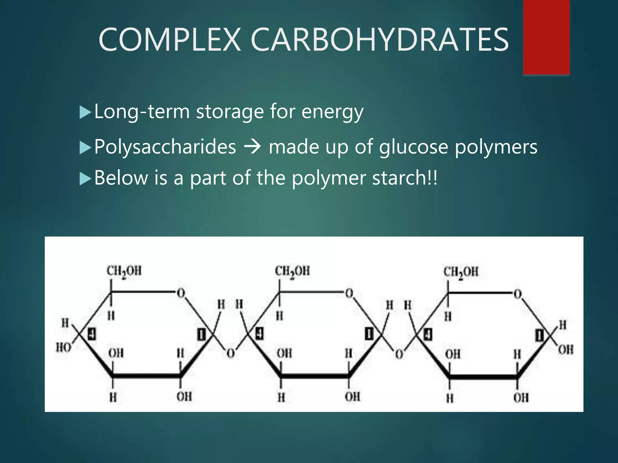COMPLEX CARBOHYDRATES
Long-term storage for energy
Polysaccharides  made up of glucose polymers
Below is a part of the polymer starch!!
 