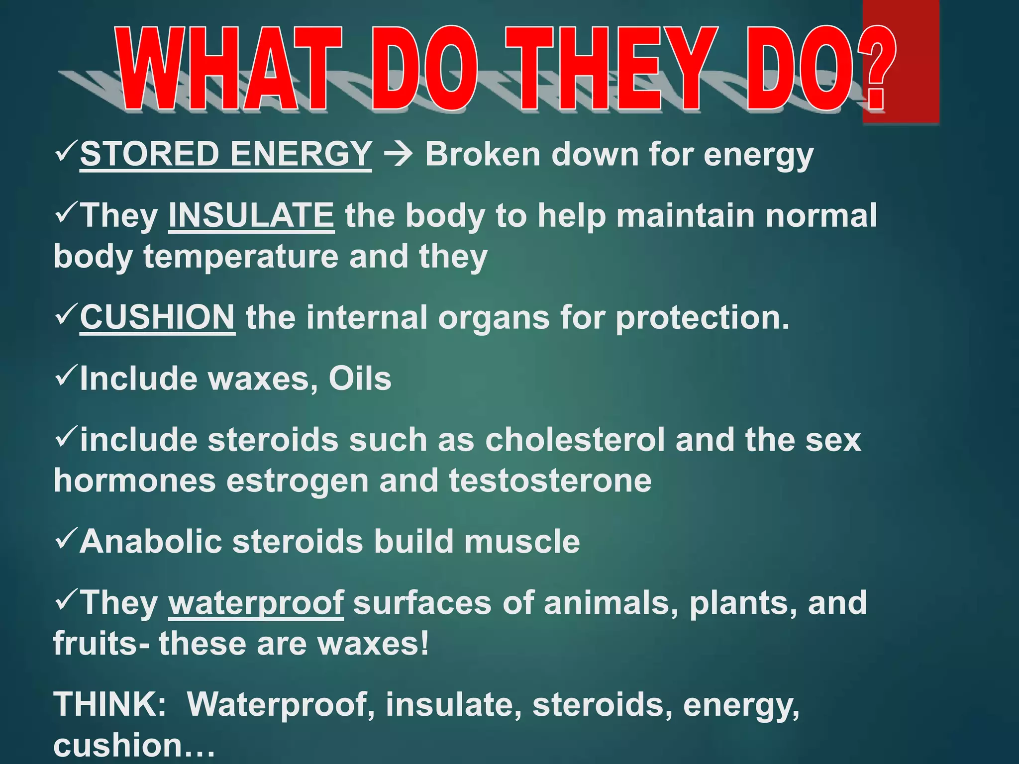 STORED ENERGY  Broken down for energy
They INSULATE the body to help maintain normal
body temperature and they
CUSHION the internal organs for protection.
Include waxes, Oils
include steroids such as cholesterol and the sex
hormones estrogen and testosterone
Anabolic steroids build muscle
They waterproof surfaces of animals, plants, and
fruits- these are waxes!
THINK: Waterproof, insulate, steroids, energy,
cushion…
 