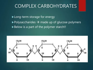 COMPLEX CARBOHYDRATES
Long-term storage for energy
Polysaccharides  made up of glucose polymers
Below is a part of the polymer starch!!
 