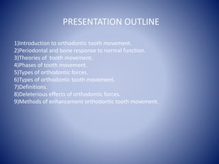 PRESENTATION OUTLINE
1)Introduction to orthodontic tooth movement.
2)Periodontal and bone response to normal function.
3)T...
