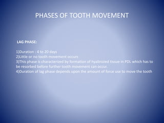 PHASES OF TOOTH MOVEMENT
LAG PHASE:
1)Duration : 4 to 20 days
2)Little or no tooth movement occurs
3)This phase is charact...