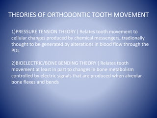THEORIES OF ORTHODONTIC TOOTH MOVEMENT
1)PRESSURE TENSION THEORY ( Relates tooth movement to
cellular changes produced by ...