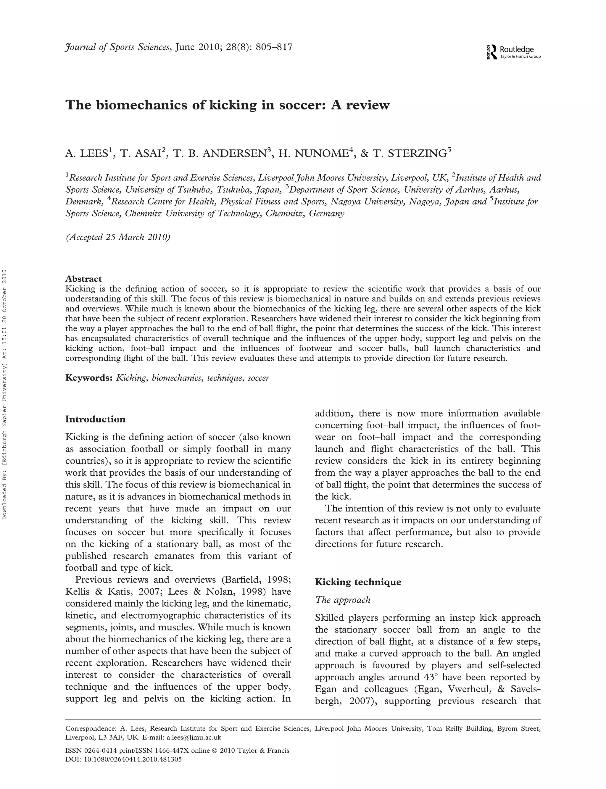 The Biomechanics Of Kicking In Soccer A Review | PDF