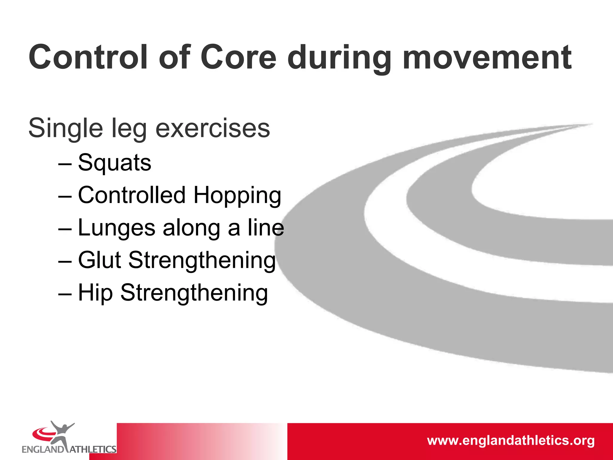 Control of Core during movement Single leg exercises Squats Controlled Hopping Lunges along a line Glut Strengthening  Hip Strengthening 
