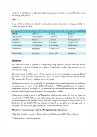 variation is attributable to alteration of physiology and membrane permeability rather than
the dosage form factors.
Class IV
Drugs exhibit problems for effective oral administration. Examples of drugs for different
classes are given in Table 1
Table 1: Examples of some drugs as per biopharmaceutical classification system[
ClassI Class 2 Class 3 Class 4
Chloroquine carbamezipine Acyclovir Taxol
Diltiazem danazol Atenolol Cyclosporine A
Metoprolol Glibenclamide Captopril Ellagic acid
Paracetamol ketoconazole Cimetidine Furosemide
Propranolol Nifedipine Neomycin B Ritonavir
Theophylline phenytoin Metformin Saquinavir
Biowaivers
The term bio-waiver is applied to a regulatory drug approval process when the dossier
(application) is approved based on evidence of equivalence other than through in vivo
equivalence testing.
Biowaiver means to obtain waive off for carrying out expensive and time-consuming BA and
BE studies. BCS provides biowaivers for Class I, II and III drug with some specifications.
This waiver is for both pre- and post-approval phases.
BCS-based biowaivers are applicable for immediate-release solid oral dosage formulations
containing one or more of the API(s), identified by WHO prequalification of medicines
programme (PQP) to be eligible, if the required data ensure the similarity of the submitted
pharmaceutical product and the appropriate comparator product
Comparator products used in BCS-biowaiver applications should be selected from the
current list of WHO PQP recommended comparator products, including the appropriate
fixed-dose combination product. Use of any other comparator has to be duly justified by the
Applicant. In the WHO PQP, the biowaivers based on the BCS are intended only to
investigate BE and do not apply to other BA or pharmacokinetic studies.
The criteria recommended by USFDA BCS guidance for Biowaiver:.
1.The drug substance should be highly soluble and highly permeable (Class I drugs).
2. An immediate release drug product.
 