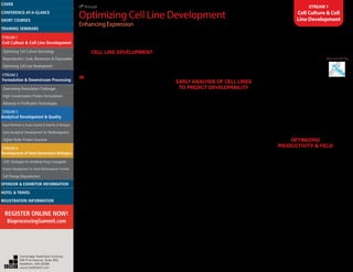 6th
Annual
Optimizing Cell Line Development
Enhancing Expression
STREAM 1
Cell Culture & Cell
Line Development
FRIDAY, AUGUST 22
8:00 am Registration and Morning Coffee
CELL LINE DEVELOPMENT
8:25 Chairperson’s Remarks
Howard Clarke, Ph.D., Director, Upstream Process
Development, CMC Biologics
»»8:30 FEATURED PRESENTATION
Cell Line Development Approaches for Speed,
Titer and Product Quality
Till Wenger, Ph.D., Associate Director, Cell Biology &
Cell Culture II, Process Sciences, Boehringer Ingelheim
Pharma
In developing NBEs, speed, titer and an excellent
product quality is key. For biosimilars, the essential
target is matching the originator product quality.
Here, we show how the use of a platform based on
well characterized cell lines and thorough process
understanding can be used to achieve fast and reliable
development of high-titer cell lines, how cell line
development can be accelerated, and how specific
host cells and processes parameters can be used to
influence product quality attributes.
9:00 Antibody Membrane Switch
(AMS)Technology for Facile Cell Line
Development
Bo Yu, Ph.D., Co-Founder and CSO, Larix Bioscience,
LLC
Antibody Membrane Switch (AMS) technology is the
most effective and time efficient technology available
today for the isolation of production cell lines. AMS
technology utilizes a unique switch mechanism of
alternative splicing and site-specific DNA recombinase
to turn cells from expressing membrane-anchored
antibodies into production cells secreting the antibody.
This enables screening of hundreds of millions of cells
per day by FACS, eliminating the requirement for gene
amplification. Utilizing AMS technology can reduce cell
line screening time from 6-8 months to 2-3 months.
9:30 Innovative Cell Line Development
for the Expression of Glenmark’s Novel
Bispecific BEAT Format
Pierre Moretti, Ph.D., Staff Scientist and Head, Cell
Line Development, Glenmark Pharmaceuticals
Glenmark’s BEAT bispecific antibody format is based on
engineered IgG scaffolds and maintains key antibody
properties such as thermostability, low immunogenicity
and pharmacokinetics. Production and purification are
achieved using established platform technologies.This
presentation will focus on the cell line development.
Innovative solutions were found in order to rapidly
generate and select high producing, stable cell lines and
to drive the optimal pairing of heterologous heavy and
light chains while minimizing unwanted side products.
10:00 Mid-Morning Snack in the Exhibit
Hall with Poster Viewing
EARLY ANALYSIS OF CELL LINES
TO PREDICT DEVELOPABILITY
10:45 Early Pre-Process Risk Assessment:
Alternatives to One-Size-Fits-All Process
Development to Reduce Product Attrition
and Streamline Development
Jesús Zurdo, Ph.D., Head, Innovation, Biopharma
Development, Lonza Biologics plc
Biomanufacturing processes are still complex, largely
unpredictable, and very much linked to the nature of
the product to be made. In most cases, uncertainty
is managed with extensive screening, testing and
analysis, which is tremendously costly and time-
consuming. We present some alternative approaches
to development that have a greater emphasis in the
design and selection of the therapeutic candidate for
optimal safety, stability and formulability, combined
with faster approaches for early material generation.
Potential impact in streamlining clinical development
will be discussed.
11:15 High-Throughput Imaging during
Cell-Line Development to Increase the
Assurance of Clonality
David Shaw, Ph.D., Group Leader, Early Stage Cell
Culture, Genentech, Inc.
11:45 Omics Analyses of Antibody
Producing Cell Lines to Improve
Productivity and Product Quality
Sohye Kang, Ph.D., Senior Scientist, Product Attribute
Sciences, Amgen, Inc.
We examined various production cell lines expressing
different therapeutic monoclonal antibodies and
investigated their intrinsic properties associated with
culture performance and phenotypes. 17 different
cell lines displaying a wide spectrum of productivity
range were chosen and treated with the same media
and process conditions to keep the external factors
constant. Microarray-based transcriptomics and
LC-MS/MS shotgun proteomics technologies were
utilized to obtain expression landscape of different cell
lines and reveal cellular mechanisms associated with
different culture phenotypes, including productivity,
proliferation rate and cell size.
12:15 pm Capabilities of Full Sponsored by
Bioprocess Control in Micro
Bioreactors for Cell Line
Development
Frank Kensy, Ph.D., Managing Director,
m2p-labs, Inc.
A new micro bioreactor platform with microfluidic
control will be presented. The new BioLector
Pro owns a unique microfluidic plane fused on a
microplate to realize continuous pH-control and
feeding in up to 32 parallel fermentations at 1ml scale.
This single-use microfluidic system was designed
to perform cell line development already under
process conditions.
12:45 Luncheon Presentation
(Sponsorship Opportunity Available)
OPTIMIZING
PRODUCTIVITY &YIELD
1:25 Chairperson’s Remarks
Frank Kensy, Ph.D., Managing Director, m2p-labs, Inc.
1:30 Optimization of BiologicsYield in
Microbial and Mammalian Expression
Systems
Ian Fotheringham, Ph.D., President & Co-Founder,
Industrial Biotechnology, Ingenza, Ltd.
E. coli-based expression systems can be unsuitable
for the production of certain mammalian proteins/
enzymes often yielding insoluble, inactive product.
We have developed optimized microbial and
mammalian cell lines and expression systems for
the production of protein biologics that consistently
yield active soluble protein. Our systems are free of
third party IP encumbrance, enable manufacturing
to GMP standards and facilitate straightforward
protein purification.
2:00 ImprovingYields in a Novel
Drosophila S2 Expression System
Wian de Jongh, Ph.D., CSO, ExpreS2ion
Biotechnologies
ExpreS2ion Biotechnologies is responsible for the
process development of two malaria vaccines in
Cambridge Healthtech Institute,
250 First Avenue, Suite 300,
Needham, MA 02494
www.healthtech.com
Optimizing Cell Culture TechnologyOptimizing Cell Culture Technology
Bioproduction: Scale, Bioreactors & DisposablesBioproduction: Scale, Bioreactors & Disposables
Optimizing Cell Line DevelopmentOptimizing Cell Line Development
Overcoming Formulation ChallengesOvercoming Formulation Challenges
High-Concentration Protein FormulationsHigh-Concentration Protein Formulations
Advances in Purification TechnologiesAdvances in Purification Technologies
STREAM 3
Analytical Development & Quality
Rapid Methods to Assess Quality & Stability of BiologicsRapid Methods to Assess Quality & Stability of Biologics
Early Analytical Development for BiotherapeuticsEarly Analytical Development for Biotherapeutics
Higher-Order Protein StructureHigher-Order Protein Structure
STREAM 4
Development of Next-Generation Biologics
CMC Strategies for Antibody-Drug ConjugatesCMC Strategies for Antibody-Drug Conjugates
Process Development for Novel Biotherapeutic FormatsProcess Development for Novel Biotherapeutic Formats
Cell Therapy BioproductionCell Therapy Bioproduction
COVERCOVER
CONFERENCE-AT-A-GLANCECONFERENCE-AT-A-GLANCE
SHORT COURSESSHORT COURSES
HOTEL & TRAVELHOTEL & TRAVEL
SPONSOR & EXHIBITOR INFORMATIONSPONSOR & EXHIBITOR INFORMATION
REGISTRATION INFORMATIONREGISTRATION INFORMATION
REGISTER ONLINE NOW!
BioprocessingSummit.com
TRAINING SEMINARSTRAINING SEMINARS
STREAM 1
Cell Culture & Cell Line Development
STREAM 2
Formulation & Downstream Processing
 