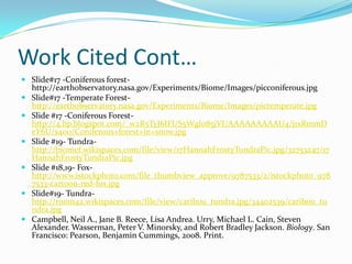 Work Cited Cont…Slide#17 -Coniferous forest-http://earthobservatory.nasa.gov/Experiments/Biome/Images/picconiferous.jpgSlide#17 -Temperate Forest- http://earthobservatory.nasa.gov/Experiments/Biome/Images/pictemperate.jpgSlide #17 -Coniferous Forest- http://4.bp.blogspot.com/_w2R5TyJ6IFI/S5Wgl085jVI/AAAAAAAAAU4/j1xRmmDeY6U/s400/Coniferous+forest+in+snow.jpgSlide #19- Tundra- http://biomef.wikispaces.com/file/view/17HannahFrostyTundraPic.jpg/32753247/17HannahFrostyTundraPic.jpgSlide #18,19- Fox- http://www.istockphoto.com/file_thumbview_approve/9787533/2/istockphoto_9787533-cartoon-red-fox.jpgSlide#19- Tundra- http://room42.wikispaces.com/file/view/caribou_tundra.jpg/34402539/caribou_tundra.jpgCampbell, Neil A., Jane B. Reece, Lisa Andrea. Urry, Michael L. Cain, Steven Alexander. Wasserman, Peter V. Minorsky, and Robert Bradley Jackson. Biology. San Francisco: Pearson, Benjamin Cummings, 2008. Print.