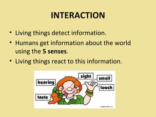 INTERACTION
• Living things detect information.
• Humans get information about the world
using the 5 senses.
• Living things react to this information.
 