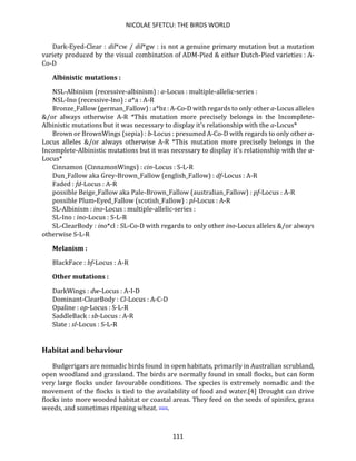 NICOLAE SFETCU: THE BIRDS WORLD
111
Dark-Eyed-Clear : dil*cw / dil*gw : is not a genuine primary mutation but a mutation
variety produced by the visual combination of ADM-Pied & either Dutch-Pied varieties : A-
Co-D
Albinistic mutations :
NSL-Albinism (recessive-albinism) : a-Locus : multiple-allelic-series :
NSL-Ino (recessive-Ino) : a*a : A-R
Bronze_Fallow (german_Fallow) : a*bz : A-Co-D with regards to only other a-Locus alleles
&/or always otherwise A-R *This mutation more precisely belongs in the Incomplete-
Albinistic mutations but it was necessary to display it's relationship with the a-Locus*
Brown or BrownWings (sepia) : b-Locus : presumed A-Co-D with regards to only other a-
Locus alleles &/or always otherwise A-R *This mutation more precisely belongs in the
Incomplete-Albinistic mutations but it was necessary to display it's relationship with the a-
Locus*
Cinnamon (CinnamonWings) : cin-Locus : S-L-R
Dun_Fallow aka Grey-Brown_Fallow (english_Fallow) : df-Locus : A-R
Faded : fd-Locus : A-R
possible Beige_Fallow aka Pale-Brown_Fallow (australian_Fallow) : pf-Locus : A-R
possible Plum-Eyed_Fallow (scotish_Fallow) : pl-Locus : A-R
SL-Albinism : ino-Locus : multiple-allelic-series :
SL-Ino : ino-Locus : S-L-R
SL-ClearBody : ino*cl : SL-Co-D with regards to only other ino-Locus alleles &/or always
otherwise S-L-R
Melanism :
BlackFace : bf-Locus : A-R
Other mutations :
DarkWings : dw-Locus : A-I-D
Dominant-ClearBody : Cl-Locus : A-C-D
Opaline : op-Locus : S-L-R
SaddleBack : sb-Locus : A-R
Slate : sl-Locus : S-L-R
Habitat and behaviour
Budgerigars are nomadic birds found in open habitats, primarily in Australian scrubland,
open woodland and grassland. The birds are normally found in small flocks, but can form
very large flocks under favourable conditions. The species is extremely nomadic and the
movement of the flocks is tied to the availability of food and water.[4] Drought can drive
flocks into more wooded habitat or coastal areas. They feed on the seeds of spinifex, grass
weeds, and sometimes ripening wheat. [6][4].
 