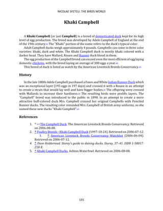 NICOLAE SFETCU: THE BIRDS WORLD
155
Khaki Campbell
A Khaki Campbell (or just Campbell) is a breed of domesticated duck kept for its high
level of egg production. The breed was developed by Adele Campbell of England at the end
of the 19th century.[1] The "Khaki" portion of the name refers to the duck's typical color.
Adult Campbell ducks weigh approximately 4 pounds. Campbells can come in three color
varieties: khaki, dark and white. The Khaki Campbell duck is mostly khaki colored with a
darker head. They have Mallard, Rouen and Runner duck blood in them.
The egg production of the Campbell breed can exceed even the most efficient of egg laying
domestic chickens, with the breed laying an average of 300 eggs a year.[2].
This breed of duck is listed as watch by the American Livestock Breeds Conservancy.[3]
History
In the late 1800s Adele Campbell purchased a Fawn and White Indian Runner Duck which
was an exceptional layer (195 eggs in 197 days) and crossed it with a Rouen in an attempt
to create a strain that would lay well and have bigger bodies.[4] The offspring were crossed
with Mallards to increase their hardiness.[5] The resulting birds were prolific layers. The
"Campbell" breed was introduced to the public in 1898. In an attempt to create a more
attractive buff-colored duck Mrs. Campbell crossed her original Campbells with Penciled
Runner ducks. The resulting color reminded Mrs. Campbell of British army uniforms, so she
named these new ducks "Khaki Campbell".[1]
References
1. ^ a b The Campbell Duck. The American Livestock Breeds Conservancy. Retrieved
on 2006-08-08.
2. ^ Poultry Breeds - Khaki Campbell Duck (1997-10-24). Retrieved on 2006-07-12.
3. ^ American Livestock Breeds Conservancy Watchlist (2006-06-04).
Retrieved on 2006-07-12.
4. ^ Dave Holderread. Storey's guide to daising ducks. Storey, 37–41. ISBN 1-58017-
258-X.
5. ^ Khaki Campbell Ducks. Ashton Waterfowl. Retrieved on 2006-08-08.
 